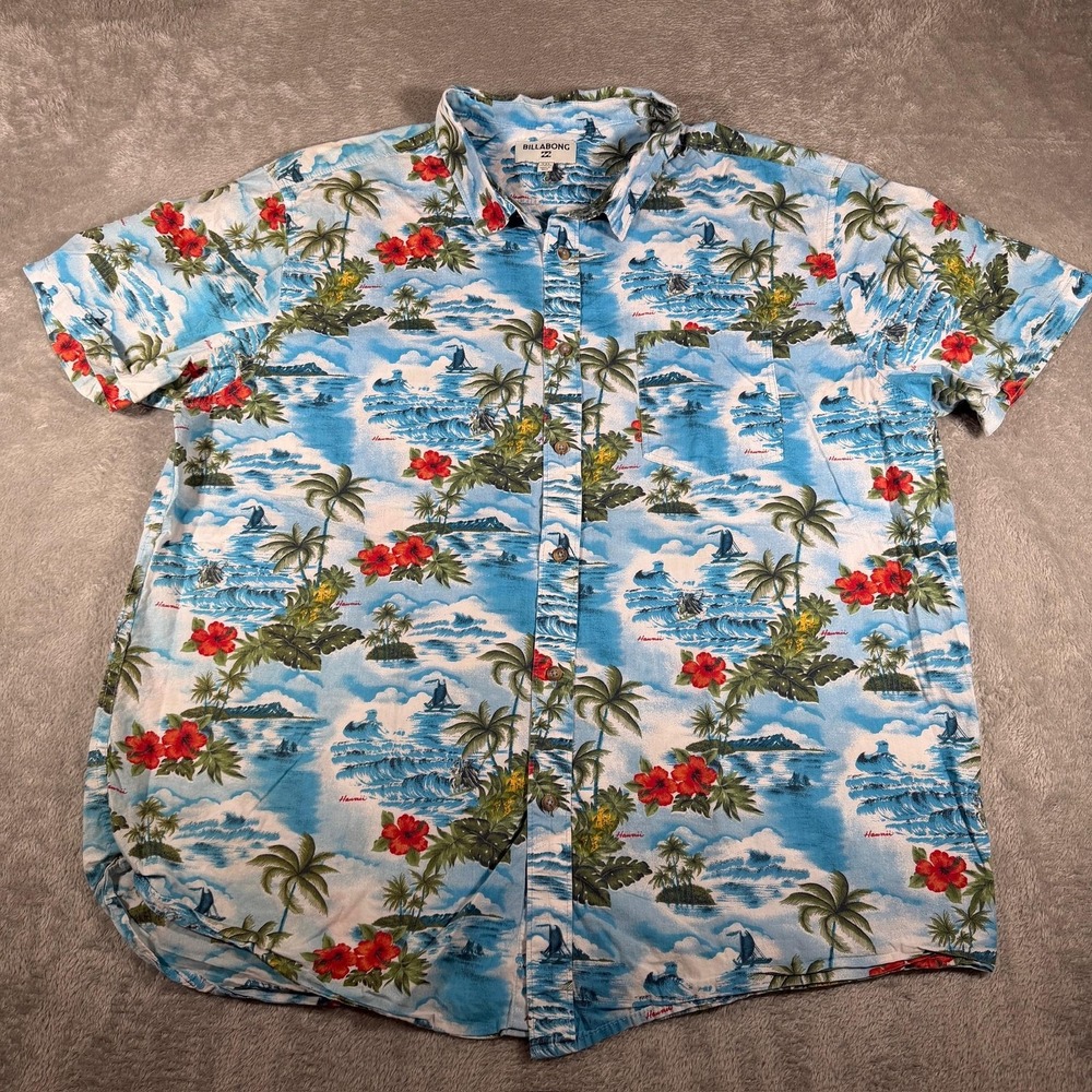 Billabong‎ Shirt Mens 2XL Blue AOP Hawaiian Aloha Short Sleeve Button Up Summer